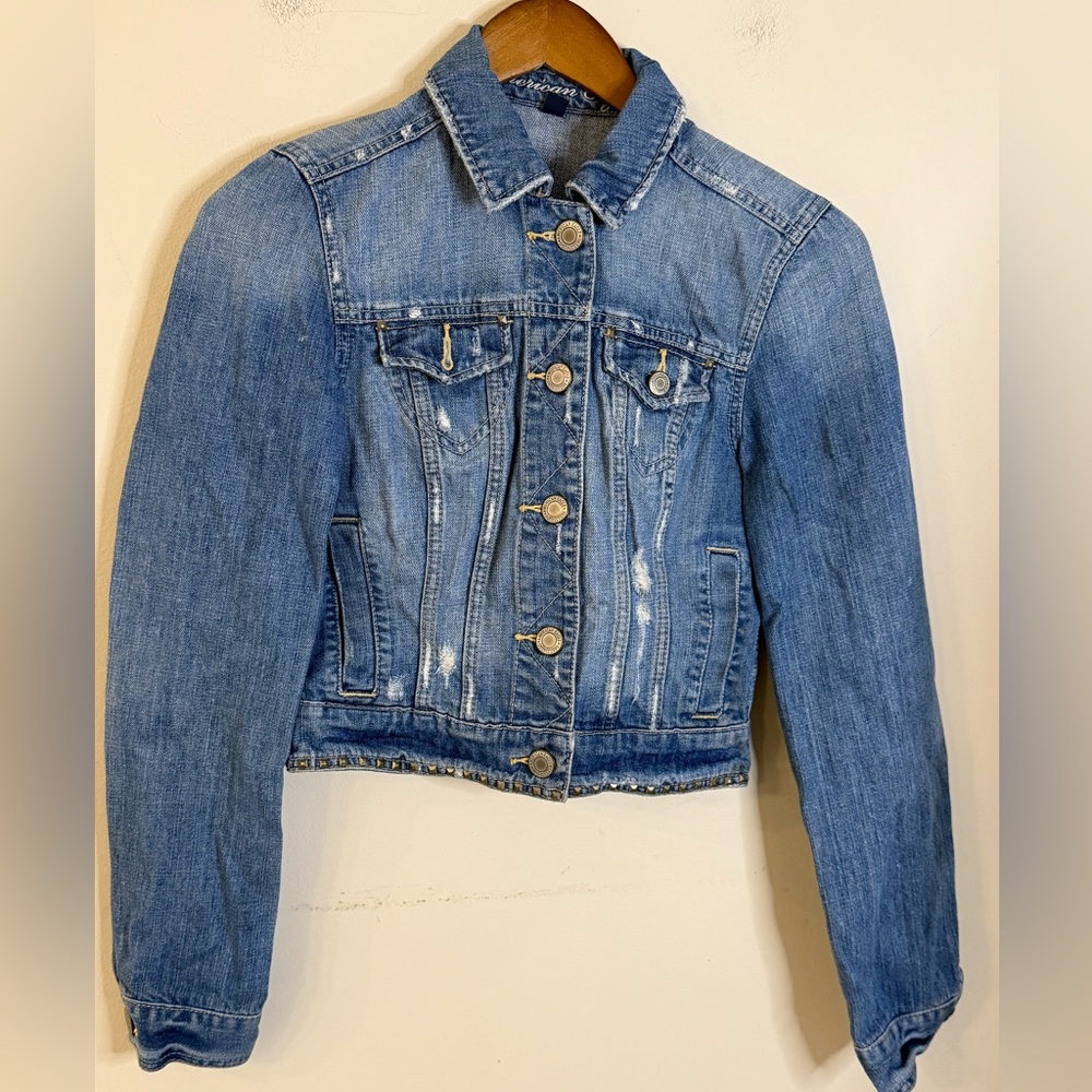 American Eagle cropped studded western distressed denim jeans jacket cotton SM